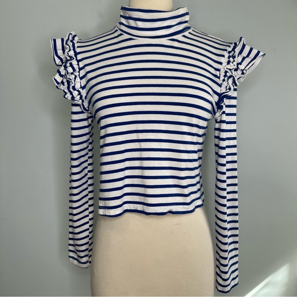 Heidi Merrick Maritime Blue Striped Crop Ruffle Shoulder Jersey Knit Top Size M - Picture 1 of 8